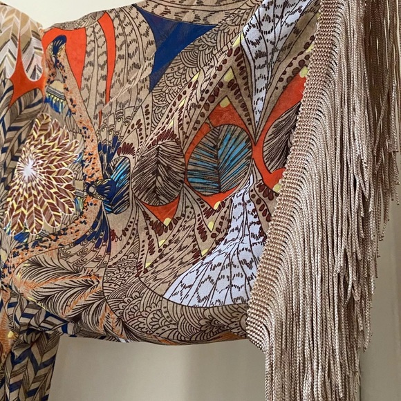 New Boho Mixed Print Kimono Cardigan Robe Jacket w/ Fringe Detail - Picture 8 of 12